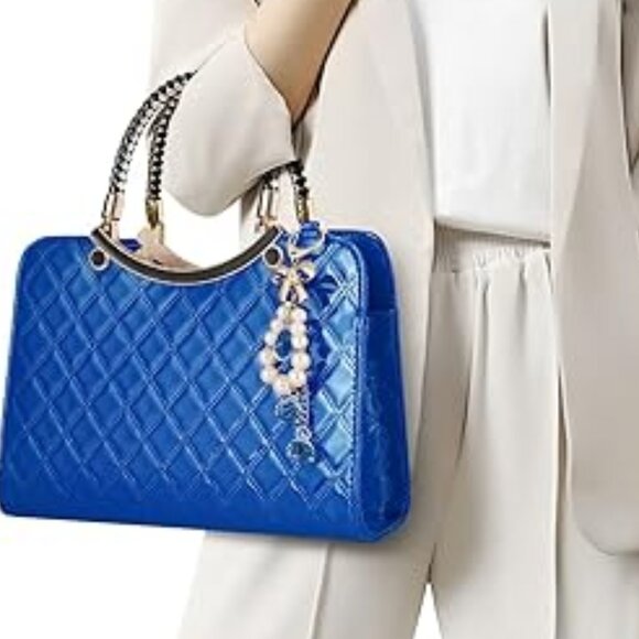 Neiman Marcus Shiny Blue Patent Leather Floral Charm Handbag - Picture 2 of 4